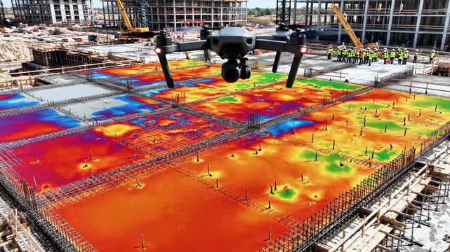 A drone captures thermal imaging of a construction site with workers, buildings, and a crane