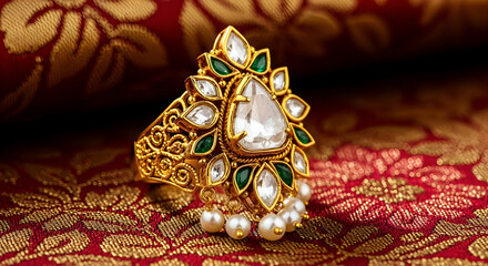 Ornate Gold Ring With Pearls and Emerald-Accent Stones on Rich Red and Gold Fabric Background