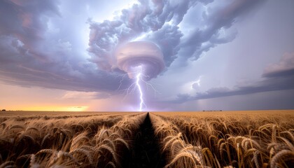 Dramatic Lightning Strike Illuminates Wheat Field Underneath a Swirling Storm Cloud.
