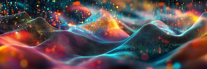 Vibrant digital landscape with colorful waves and particles, abstract technology background with glowing neon lights and bokeh effects.