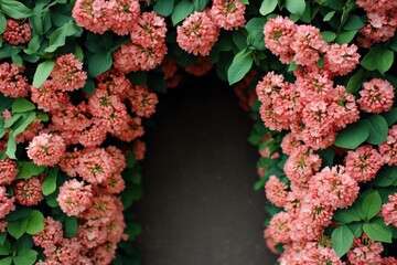 Minimalistic blossoming pink flowers with lush green leaves for nature design background