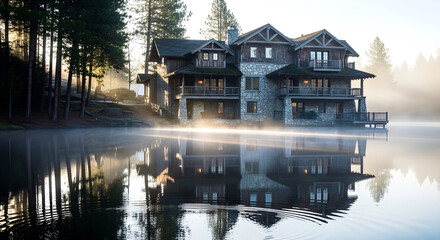 Luxurious Lake House With Stone Facade and Misty Morning Reflections by the Forest Shore