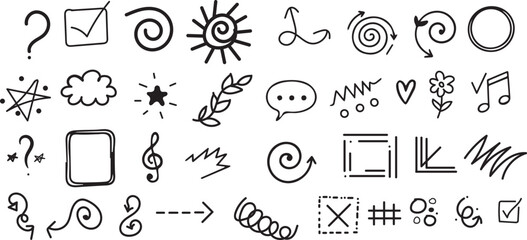 Hand‑Drawn Doodle Icons & Sketch Symbols — Arrows, Shapes, Marks & Decorative Accents © Rina