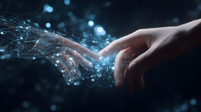 Bridging Worlds: A Symbolic Touch: A photorealistic digital rendering, hands extend, one real and one composed of intricate digital connections, converging to touch.