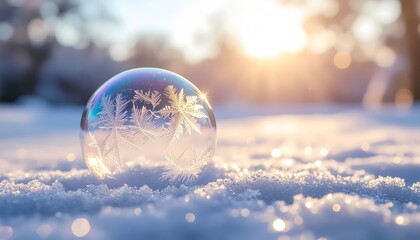 Frozen Bubble with Snowflake Pattern in Winter Sunlight.