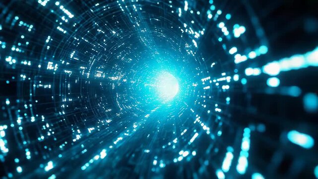 Digital data bits and information packets streaming at high speed through an abstract glowing tunnel, representing internet network communication and futuristic technology concepts