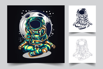 Zen Astronaut Meditation Vector Logo. Spaceman in Lotus Yoga Pose Floating in Outer Space with Moon Background