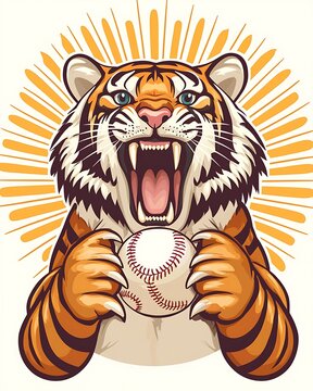 Baseball Realistic Logo Fierce Tiger Roaring with Baseball Illustration Art