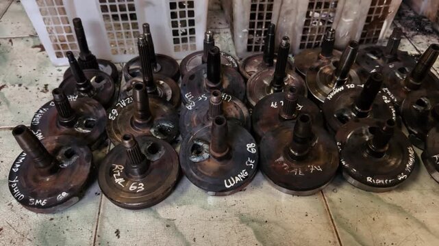 An organized collection of various engine crankshaft components and parts for repair or customization projects