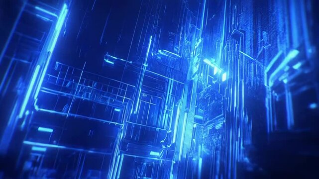Blue intertwined lines and glowing light forming an abstract representation of technology, data transfer, and communication systems in a futuristic digital environment