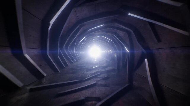 Wood-lined tunnel receding towards bright light, geometric, dark, moody atmosphere