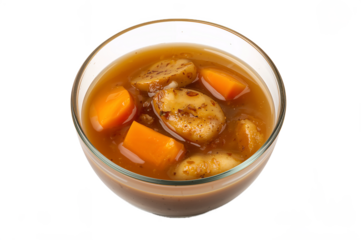 Glass bowl of hearty brown stew with large carrots and potato slices.