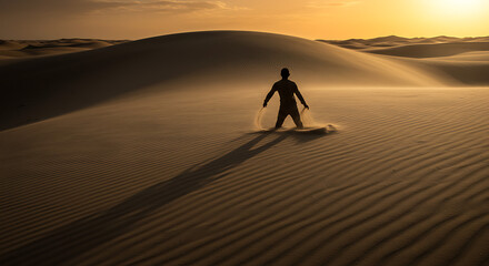 Silhouette of Man Playing with Sand in Desert at Sunset