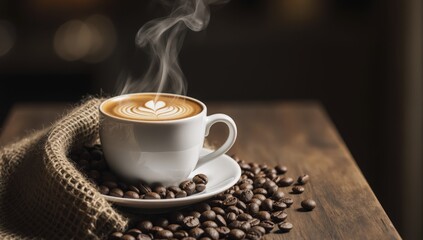 Aromatic freshly brewed latte coffee in a white cup with roasted beans on wooden table and jute bag