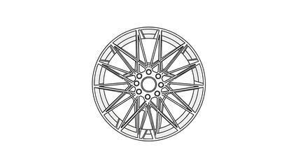 A minimalist line drawing or outline of a custom forged car wheel. The design features numerous thin, overlapping spokes that extend from the center hub to the outer rim, creating an intricate, perfor