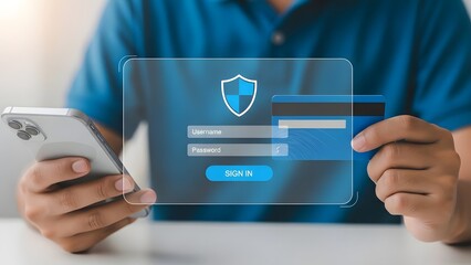 Man accessing secure login interface on a mobile device with shield icon