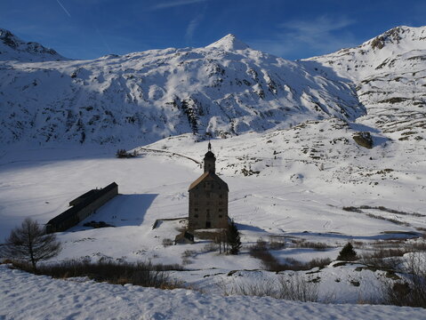 Simplon Pass, Switzerland in the winter.The old hospice (Spittel).