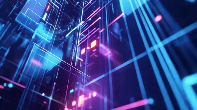 Abstract technology background with glowing blue and pink lines, data flow, and transparent digital blocks, representing a vibrant, modern city grid and virtual reality environment