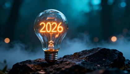 2026 Glowing Light Bulb Idea New Year Inspiration Foggy Forest Night HD Wallpaper