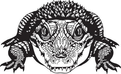 Front view black and white vector of alligator head showing teeth, scales, and eyes