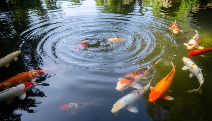 Vibrant Koi Fish Swimming in a Serene Pond with Rippling Water.