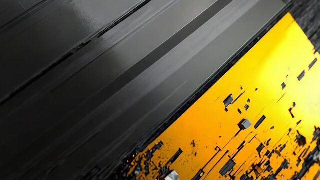 Digital abstract render showing black geometric structures undergoing deconstruction, peeling away to reveal a vibrant, glowing yellow subsurface with fragmented particles and light effects