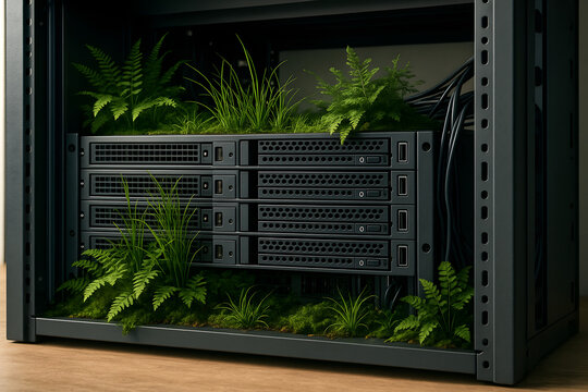 Green-IT-Konzept mit Serverrack und Pflanzen