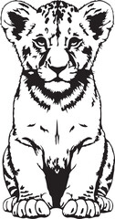 Front facing baby lion cub with a plain background in a black and white vector art