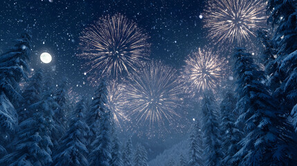 Brilliant Christmas fireworks bursting over a quiet snowy evergreen forest, starry night, soft moonlight, peaceful yet festive, ultra-realistic 8K stock photo style.