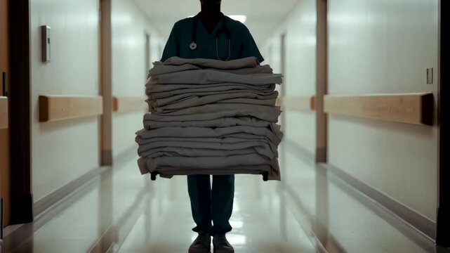 Hospital corridor scene with person carrying large stack of folded linens walking toward camera