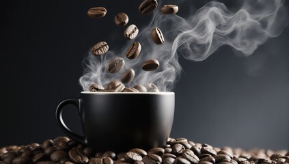 Aromatic freshly roasted coffee beans falling into black cup with steam on dark background a still life beverage concept