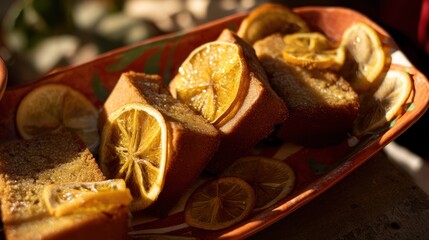 Close up of baked cake slices on a decorative tray with dried citrus fruits