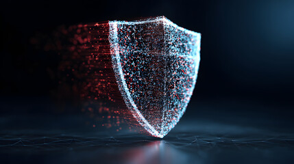 Digital Shield of Protection: The intricate shield of glowing particles symbolizes digital protection and security against cyber threats.