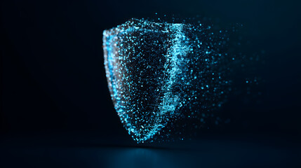 Digital Shield of Security: A stunning visualization of a digital shield, formed by countless sparkling particles. The shield represents robust cybersecurity, protection.