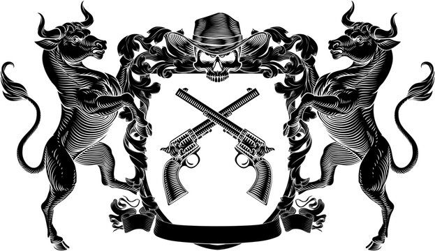 A cowboy skull wearing a cowboy hat with crossed western guns crest coat of arms shield design. In a vintage woodcut style.