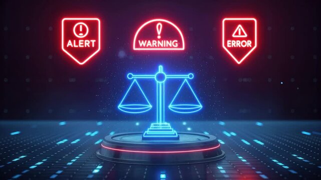 Neon justice scale on digital floor with red alert warning and error icons floating above, symbolizing justice and legal awareness.