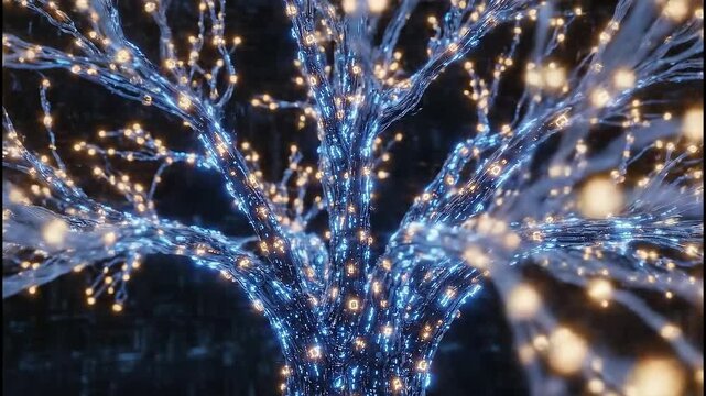 A close-up, abstract representation of a glowing digital tree with intricate, interconnected branches and luminous points of light.