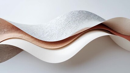Abstract layered design with metallic textures and flowing wave formations in bright studio background