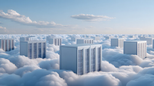 Cloud Data Center: A striking visual of a data center, reimagined as a series of modern server racks floating serenely among the clouds, signifying the cutting edge of digital infrastructure.