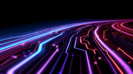 Digital Data Highway: An electrifying journey along a digital data highway, with glowing circuits weaving a vibrant path across a dark backdrop, symbolizing technological advancement.