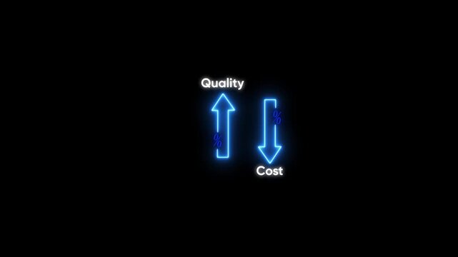 Blue Neon Arrows Illustrating Quality Increase and Cost Decrease with Percentage Symbols on Black Background