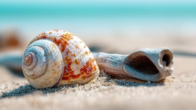 Seashell And Driftwood On Sandy Beach With Ocean Background conch spiral