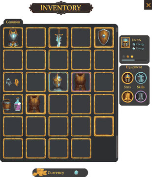 Video game inventory screen with various items and gold coins on a