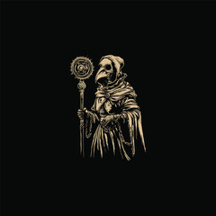 vintage engraving illustration of a Plague Doctor from the Middle Ages, cloaked and wearing the iconic beak mask and wide-brimmed hat