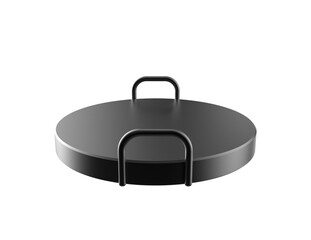 High-resolution, detailed 3D rendering: Black metal industrial hopper cap or circular container lid with sturdy metal handles. Isolated PNG on transparent background for mechanical design elements