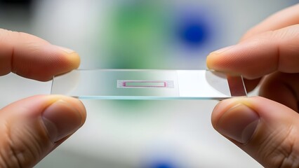Close-up of a person holding a test tube with a green liquid in laboratory setting.