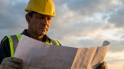 Construction Worker Analyzing Blueprints Outdoors.
