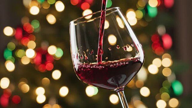 Red wine pouring into bordo glass in slow motion vertical shot. Alcohol on christmas bokeh background