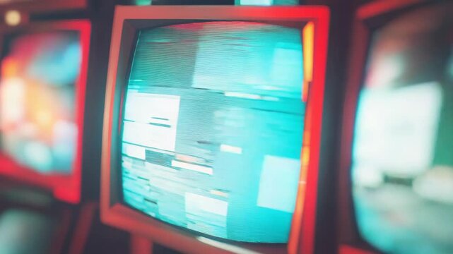 Old television monitors showing a distorted screen with colorful static and digital noise, representing data corruption, broadcast interference, and abstract art from a vintage technology era
