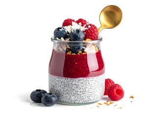 Layered Chia Seed Pudding in Glass Jar with Berries and Coconut